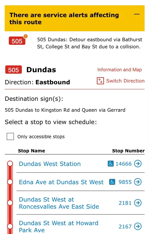 Screenshot of a TTC.ca route page with a service disruption at the
top