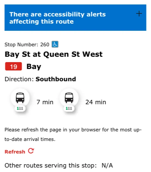 Screenshot of a TTC.ca stop page with an accessibility alert at the
top